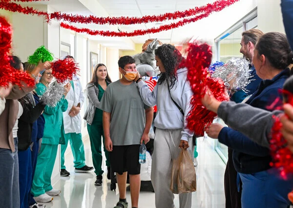 Greyson leaving the hospital
