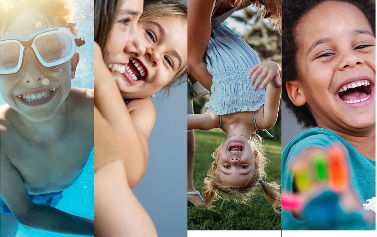 serie de fotos de niños sonrientes.
