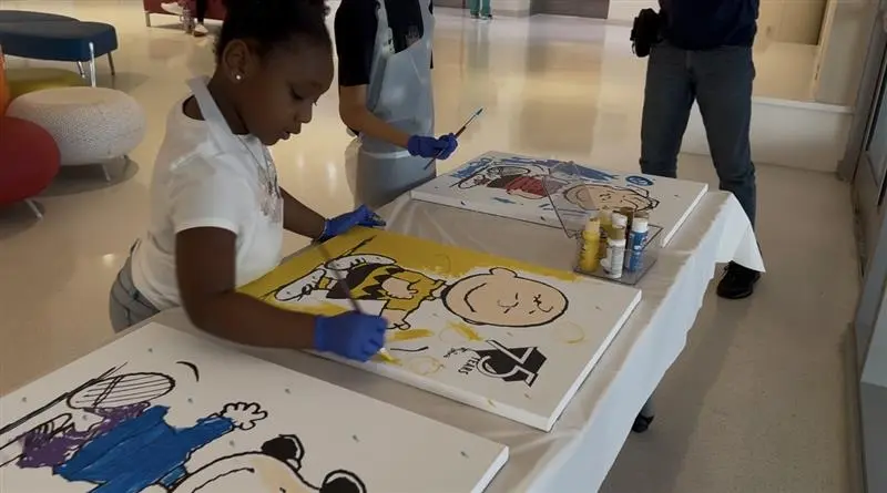 Young patients painting Peanuts pictures.
