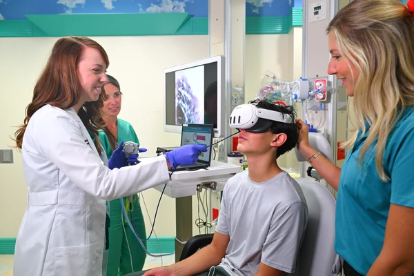 Patient wearing VR goggles during upper endoscopy