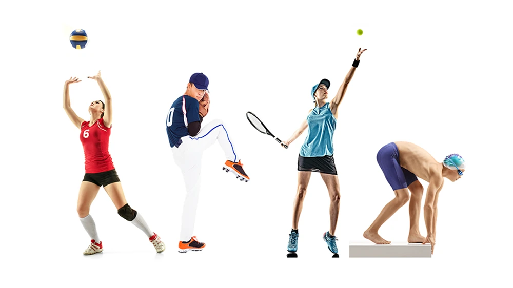 teen athletes in volleyball, baseball, tennis, diving.