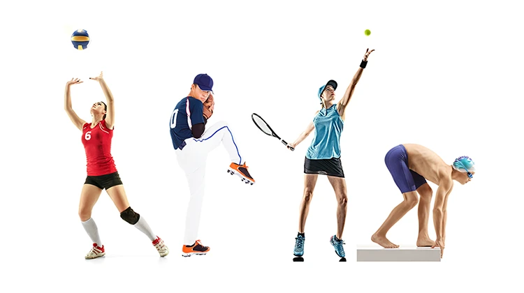 teen athletes in volleyball, baseball, tennis, diving.